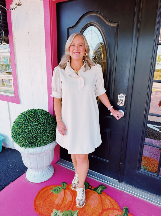 Cream Button Ruffle Collar Dress
