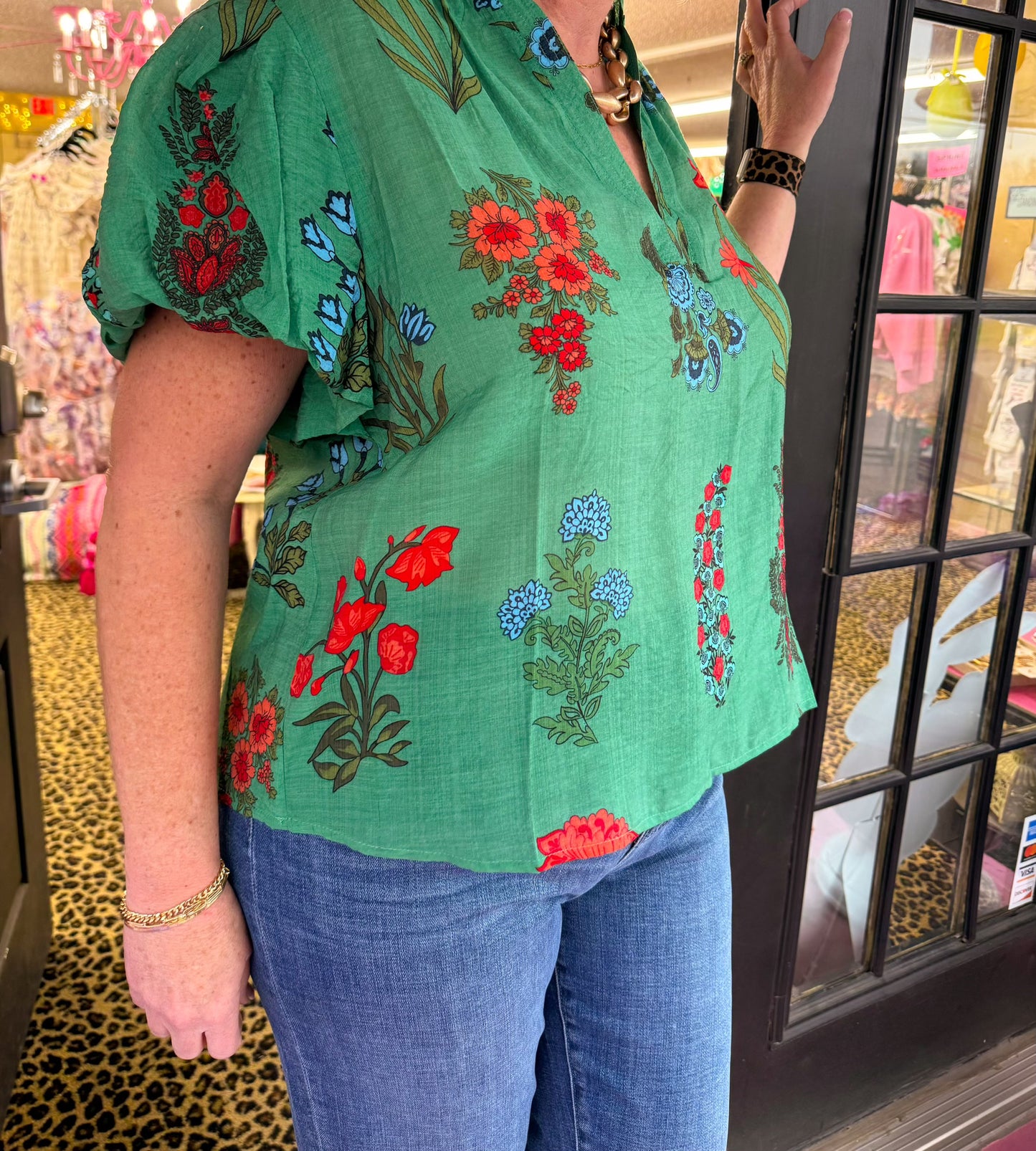 Green Flower Print Top