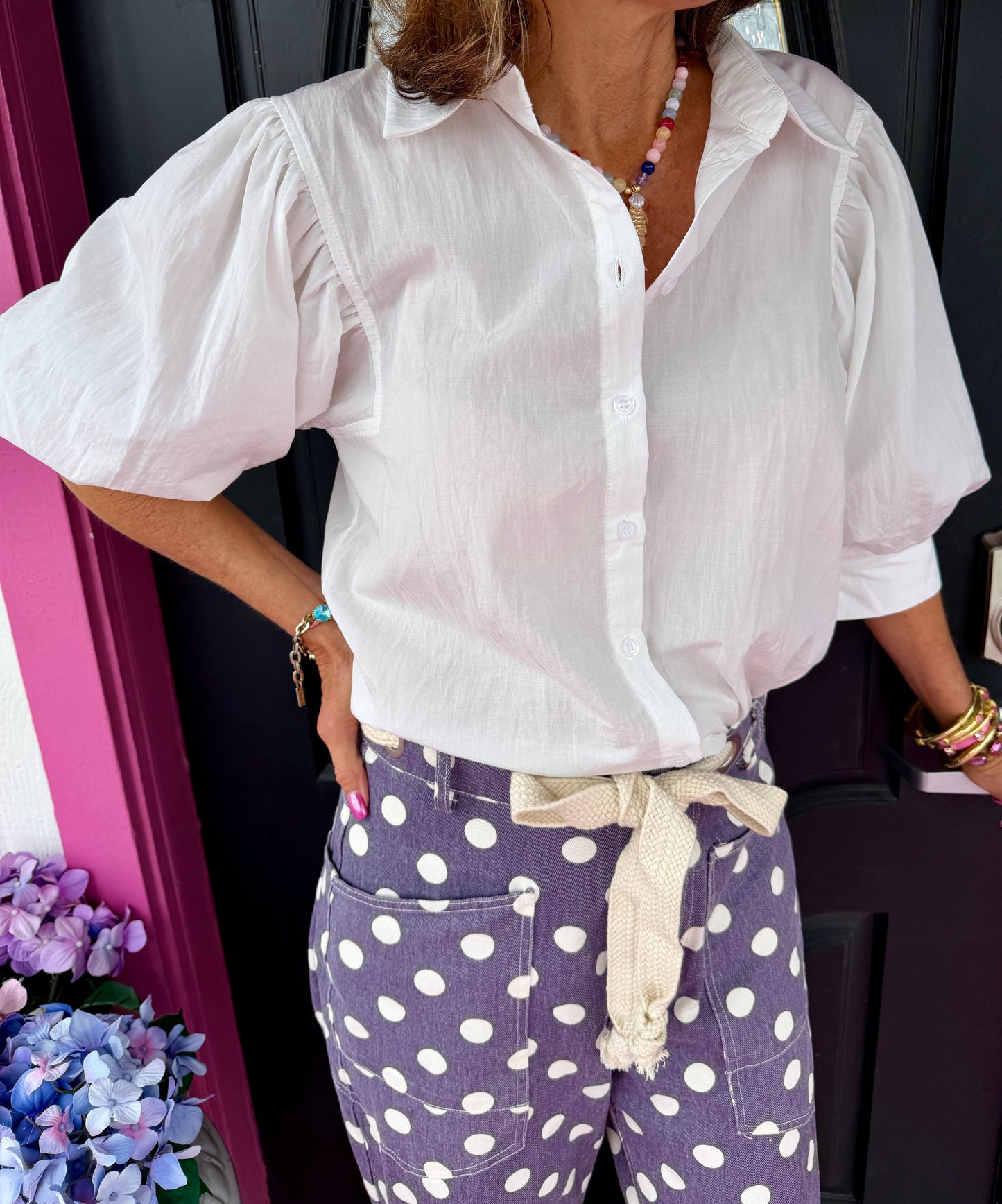 White Puff Sleeve Button Down