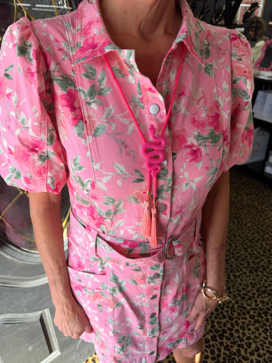 Pink Multi Floral Belted Mini Dress