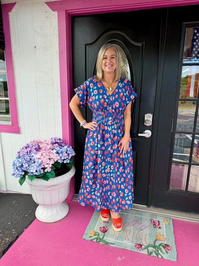 Indigo Floral Elastic Waist Midi