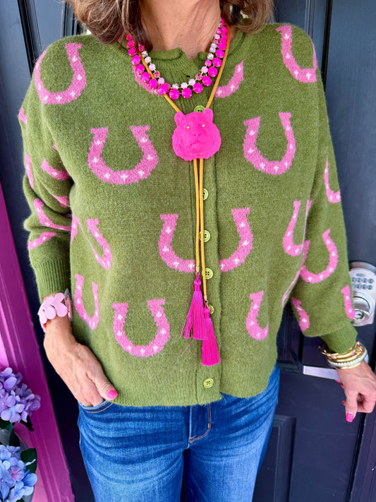 Olive Cardi W/Pink Horseshoes