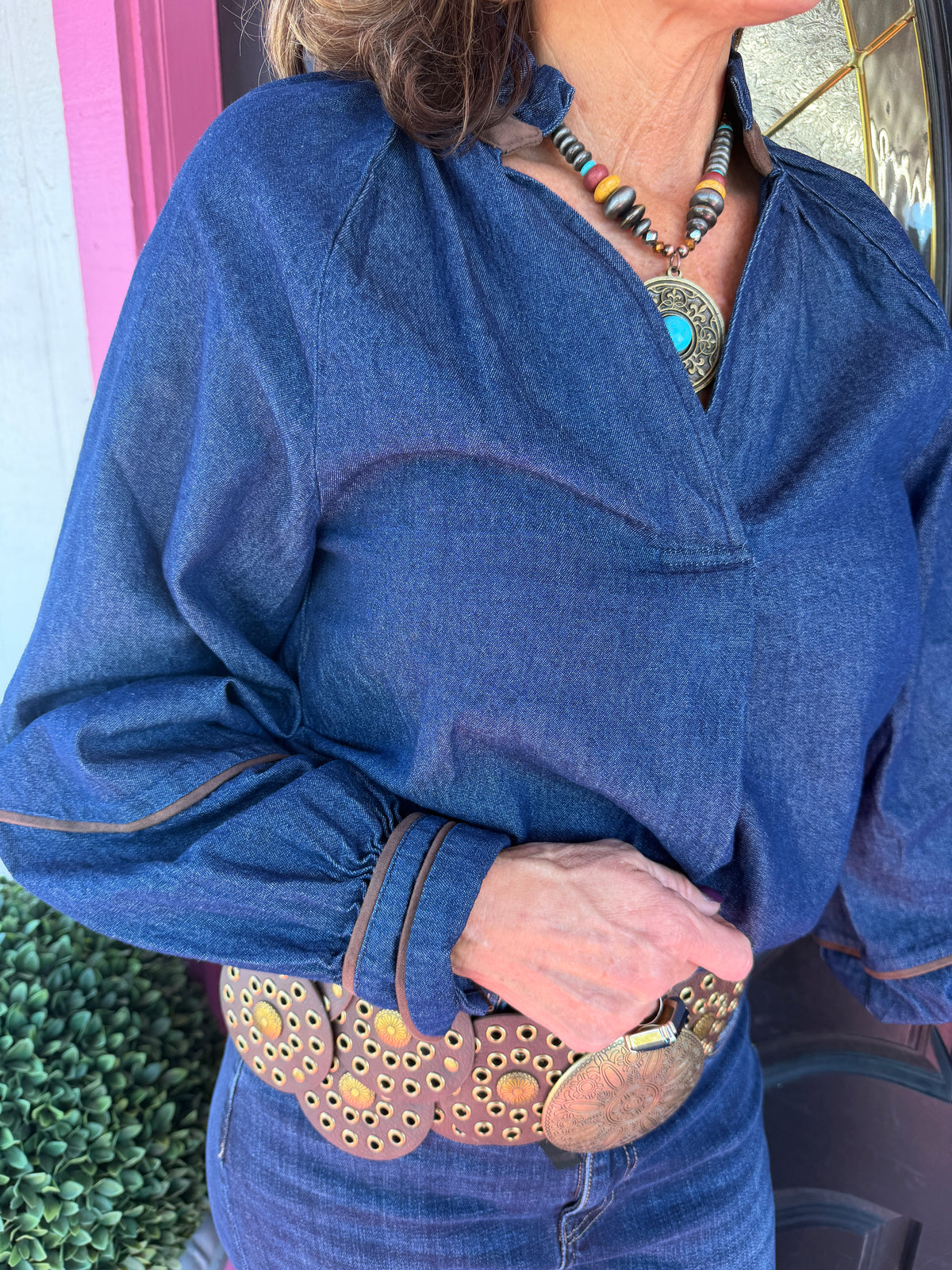 Denim High Low Wide Slv Top