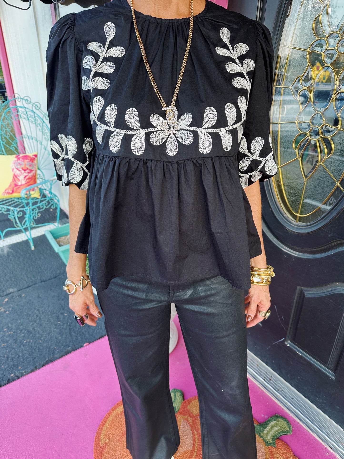 Paget Black White Emb Top