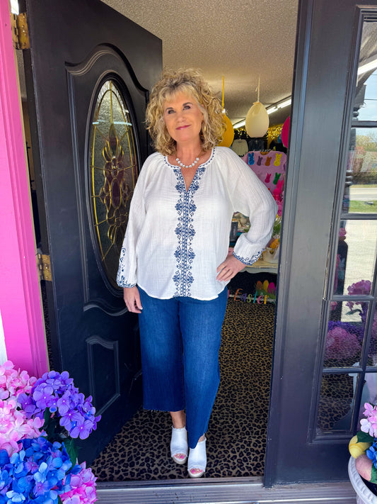 White with Blue Embroidery Top