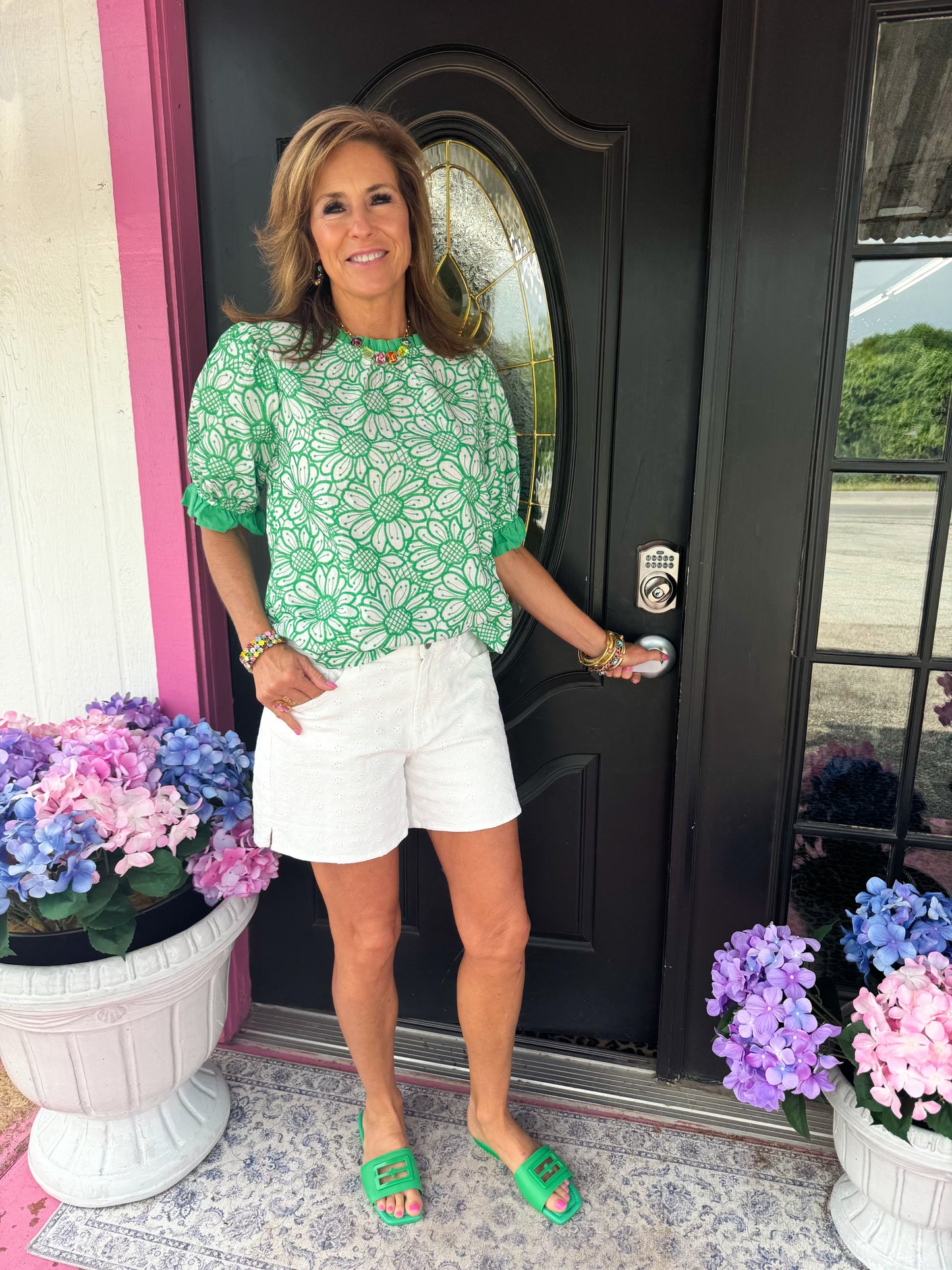 Green White Floral Top