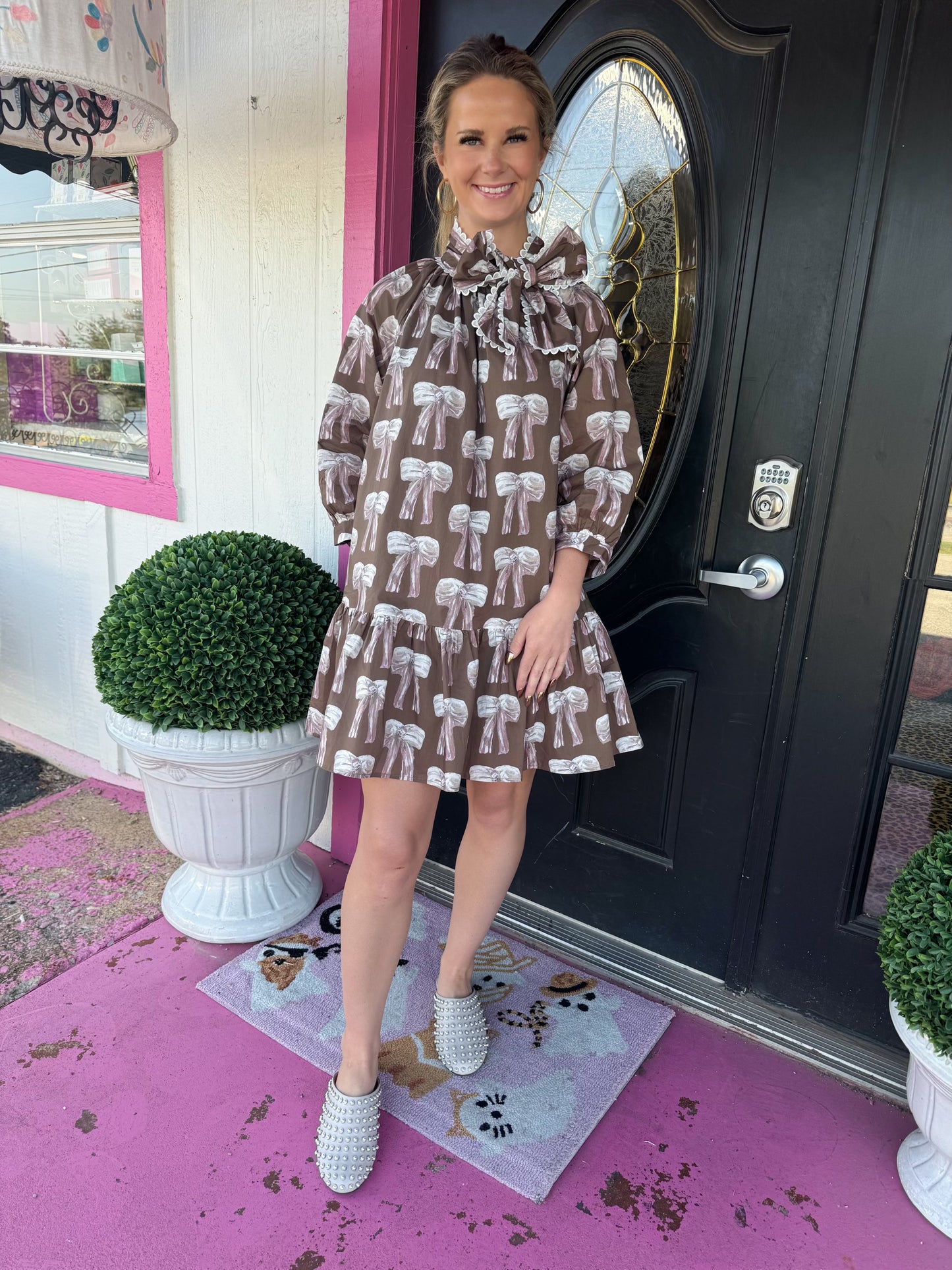 Brown Bow LS Tie Neck Dress