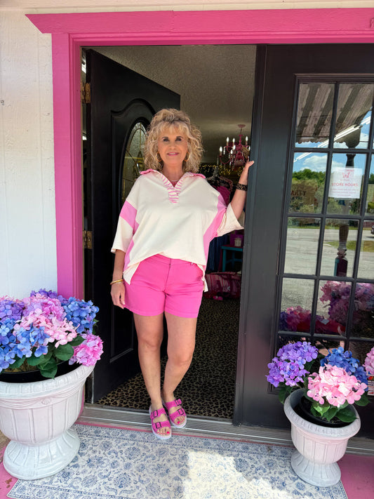 Pink Cream Color Block Top