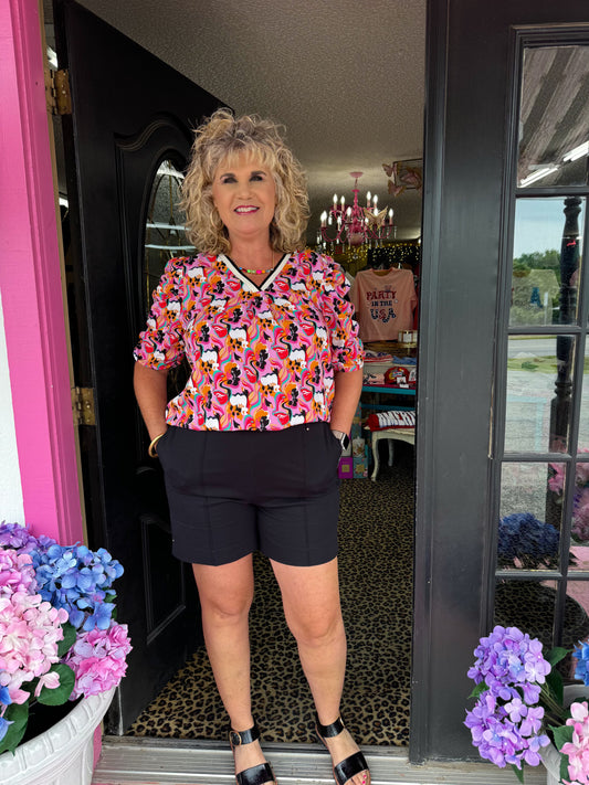 Pink Print with Black Vneck Top