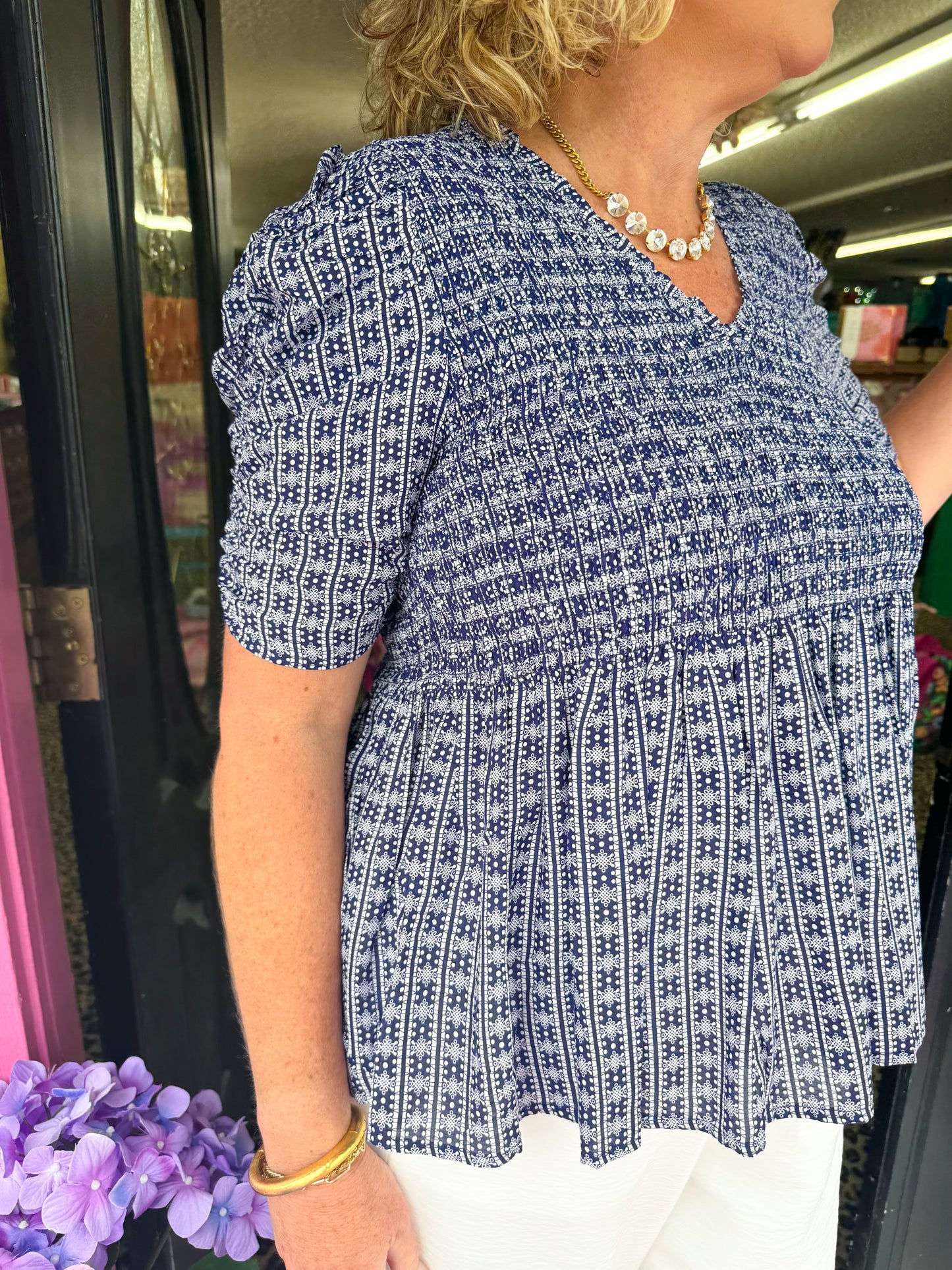 Smocked Navy Printed Top