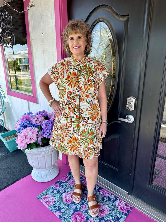 Cream Flower Print Button Dress