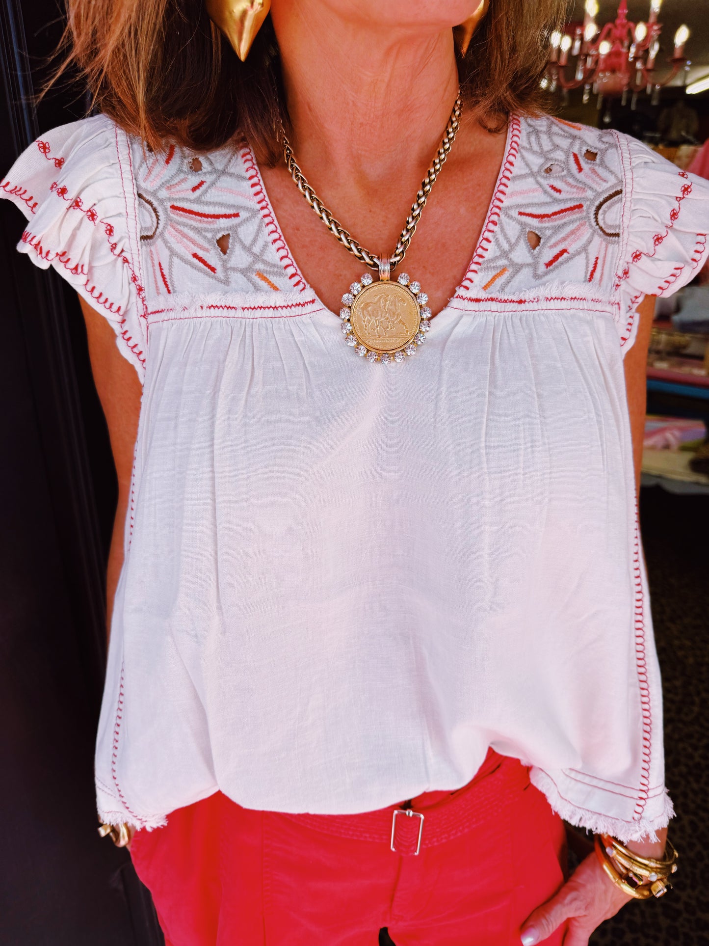 Bone Embroidered Flutter Top