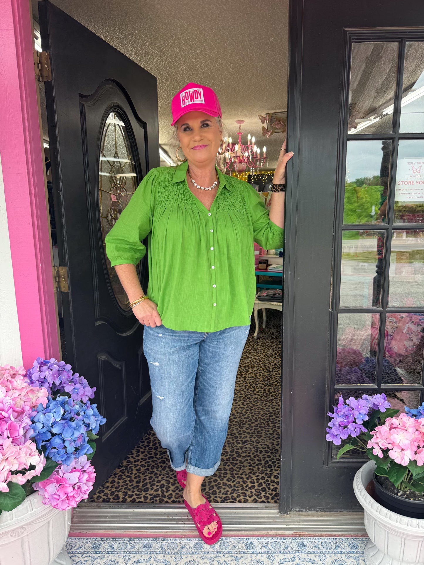 green, sleeves, button up, collared, smocked