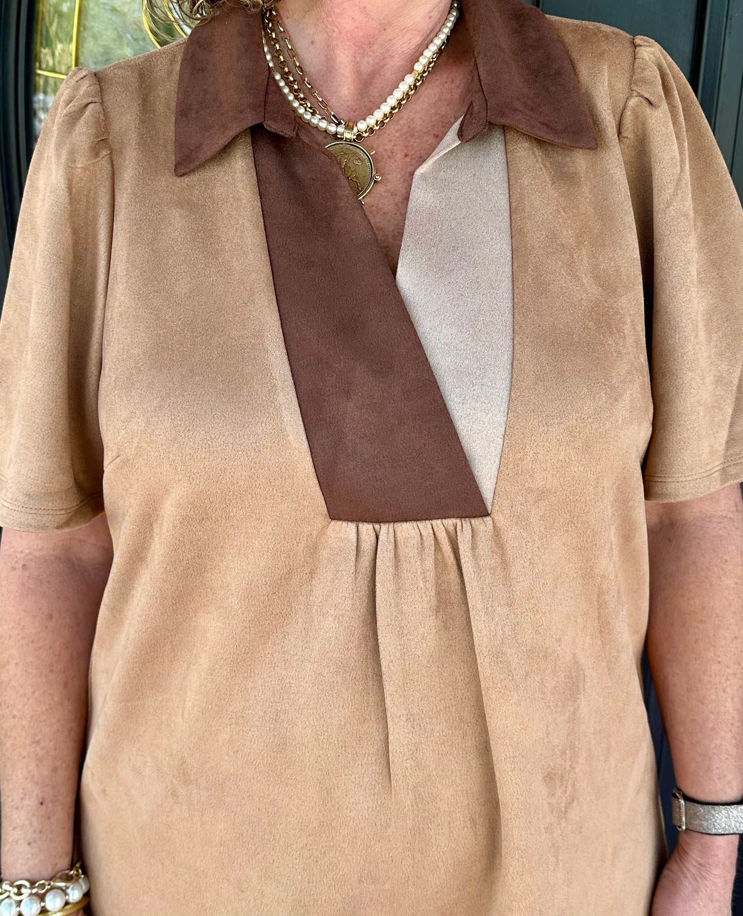 Brown Color Block Suede Dress