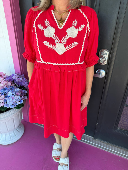 Talia Red Cream Embroidered Dress