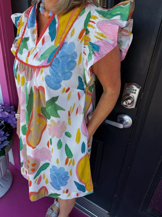 Cream Floral Mini w/Flutter Slv
