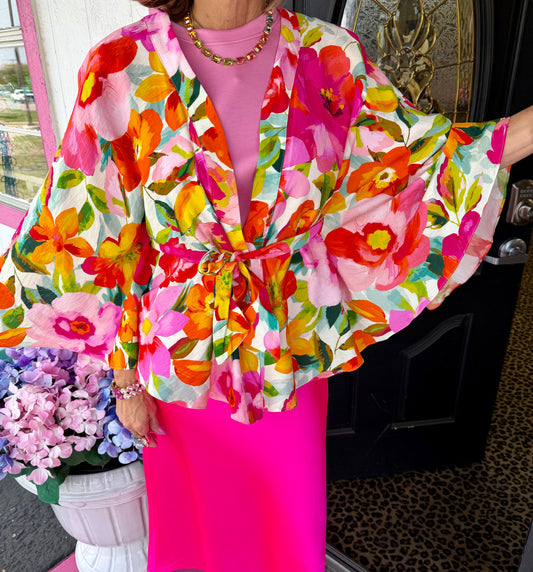 Ivory Multi Floral Tie Kimono