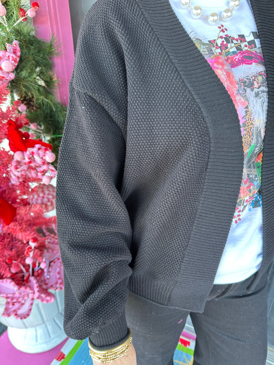 Black Crop Open Front Knit Cardigan