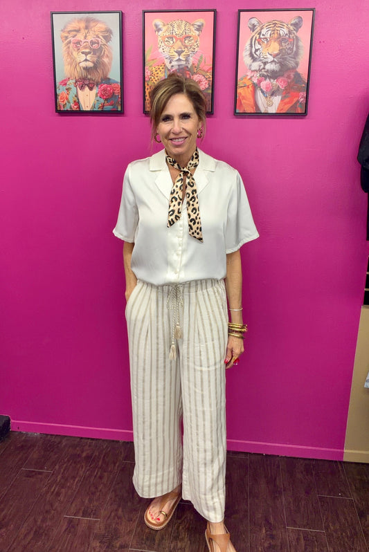 Cream Stripe Pull On Wide Crop