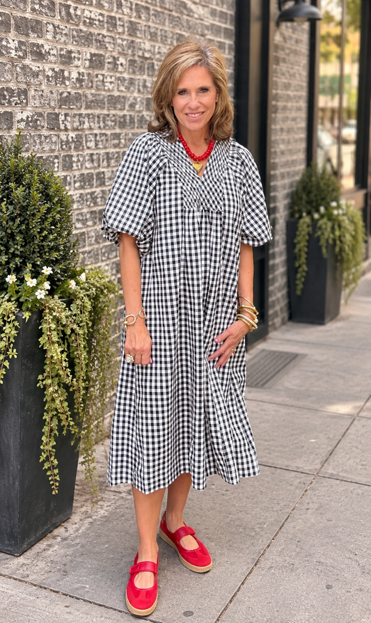 Black Plaid Smocked Midi