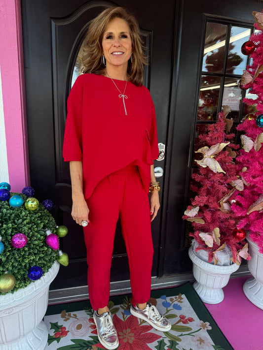 Red Knit Crepe Pant Set