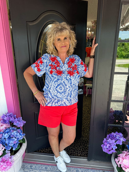 White Red Embroidered Top