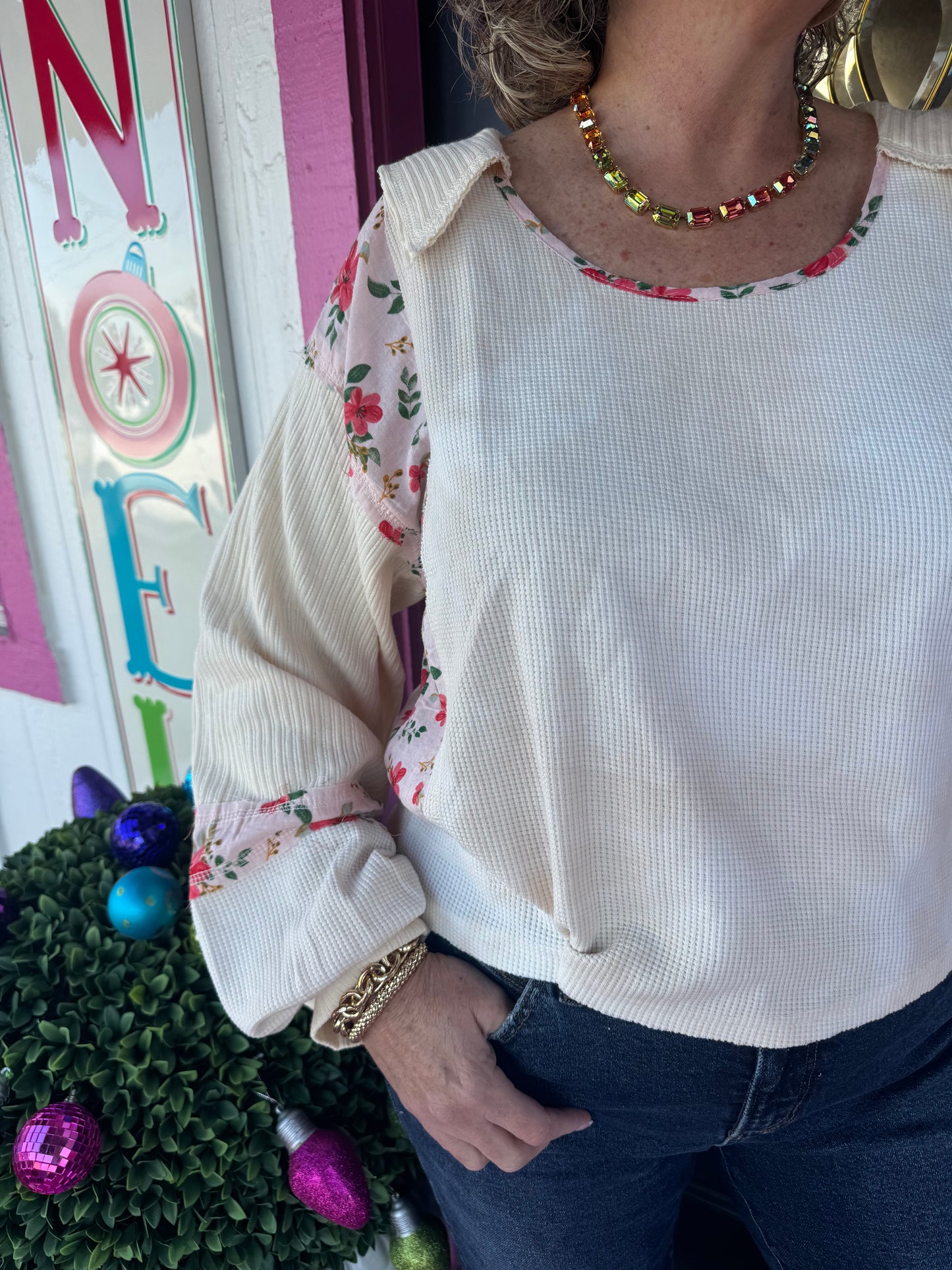 Cream Thermal Floral Stripe Top