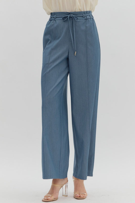 Denim Belted Elastic Waist Wide Leg