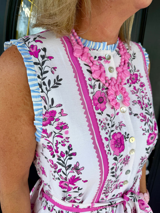 Pink Floral Sleeveless Midi Dress