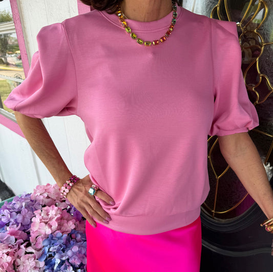 Pink Short Puff Sleeve Sweatshirt