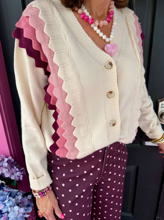 Cream Cardigan w/Pink Flutter Detail