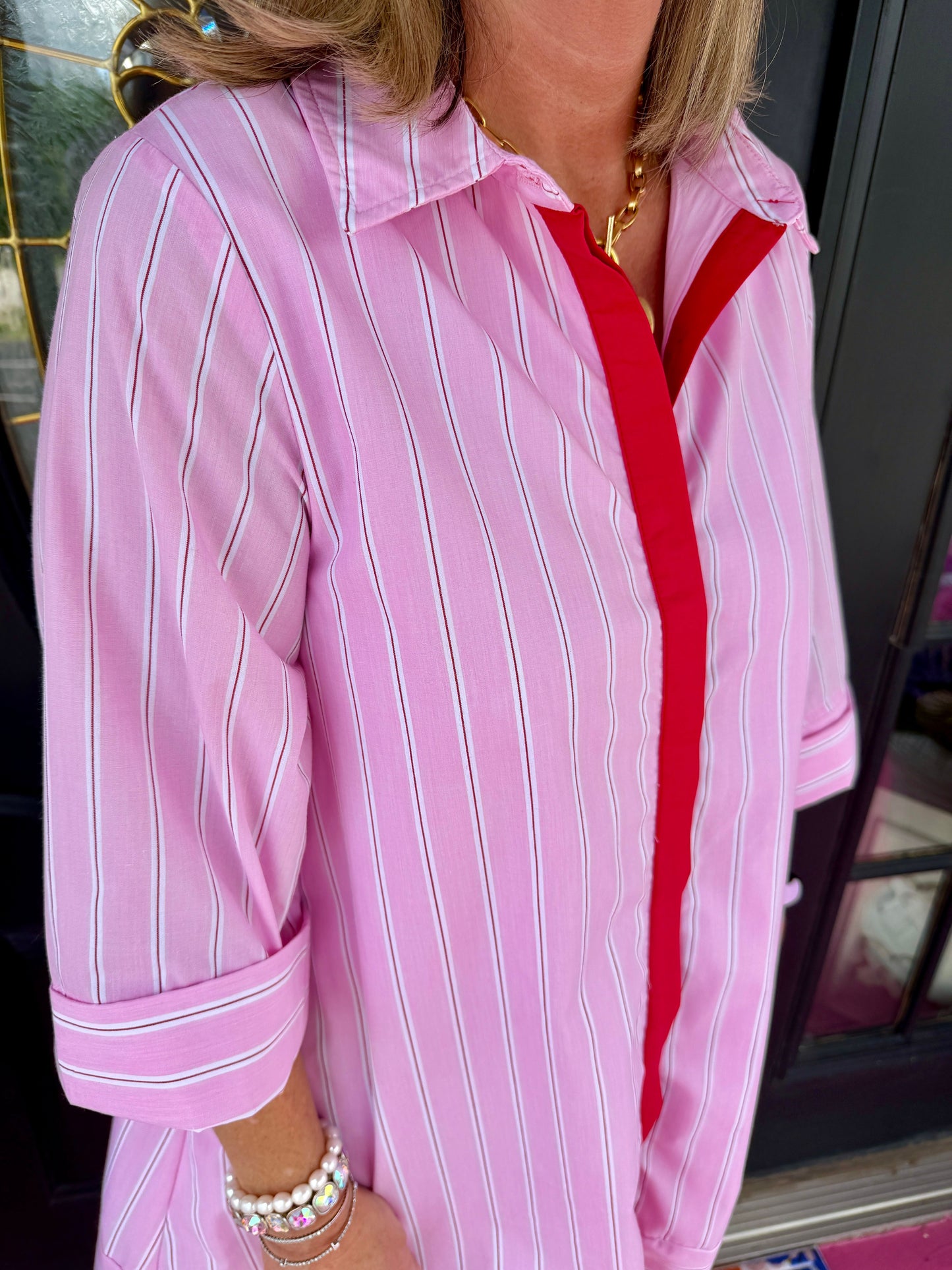 Pink Red Stripe LS Collar Dress