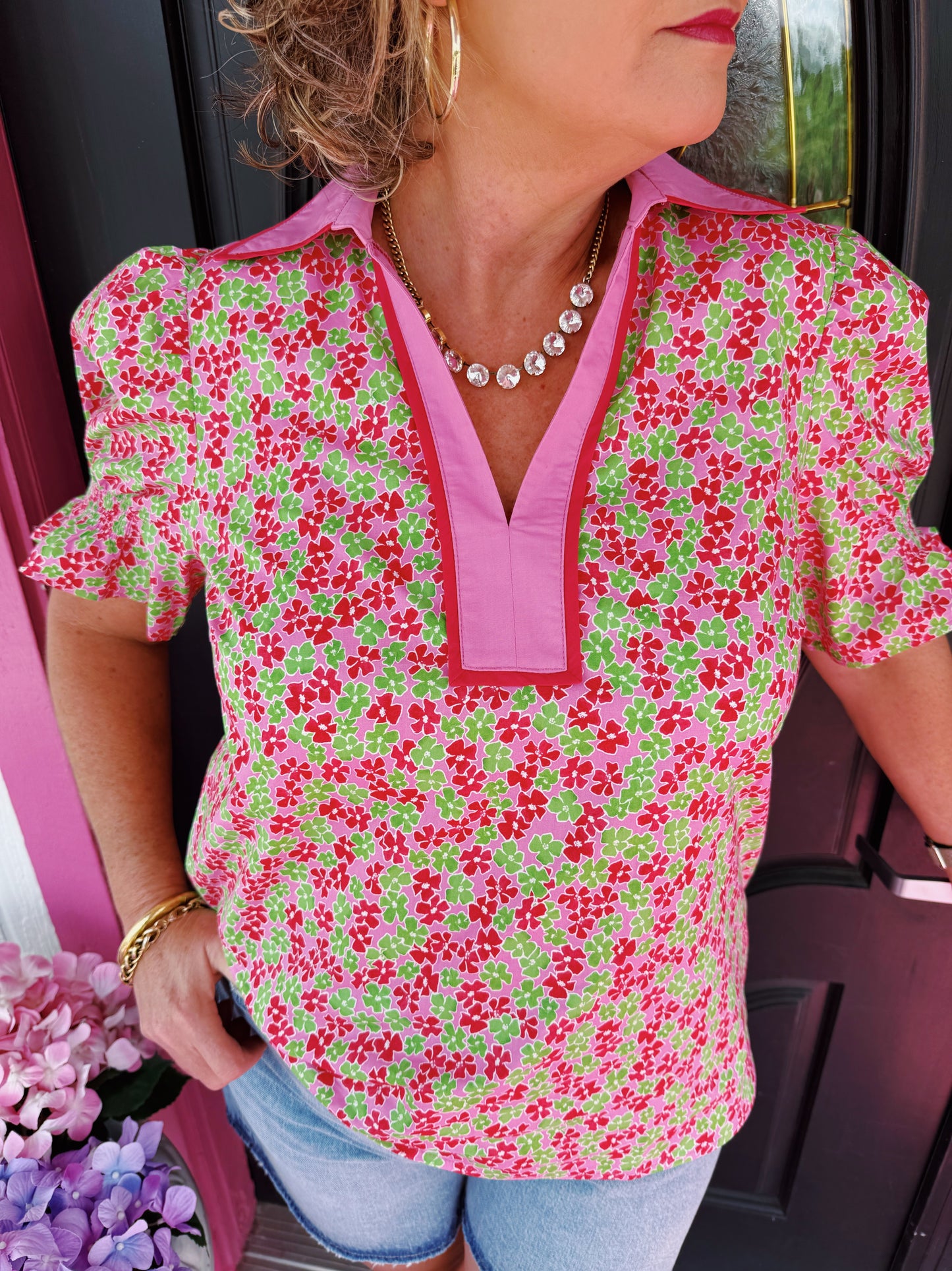Pink Floral Collar Top