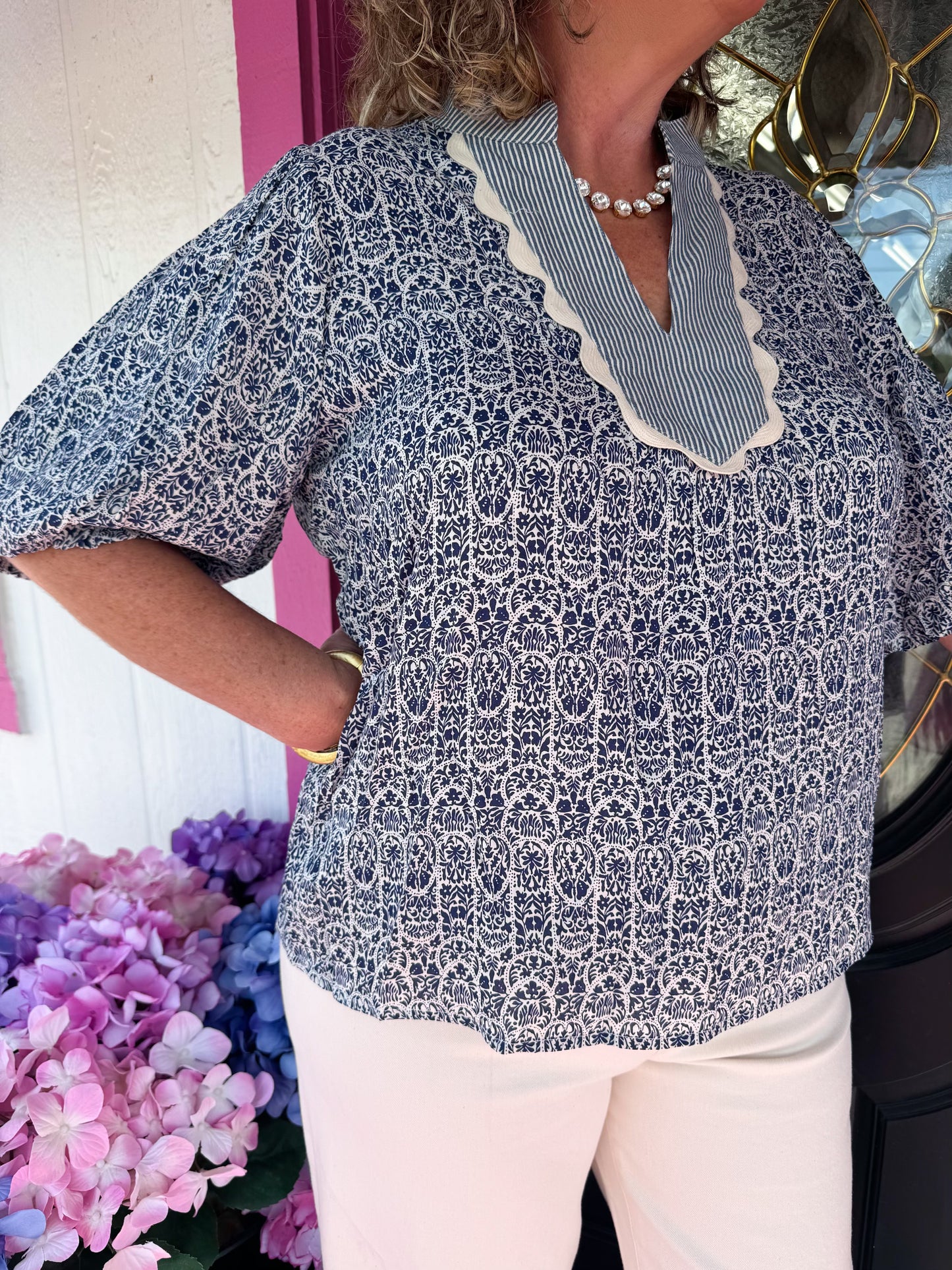 Navy and Cream Mixed Pattern Top