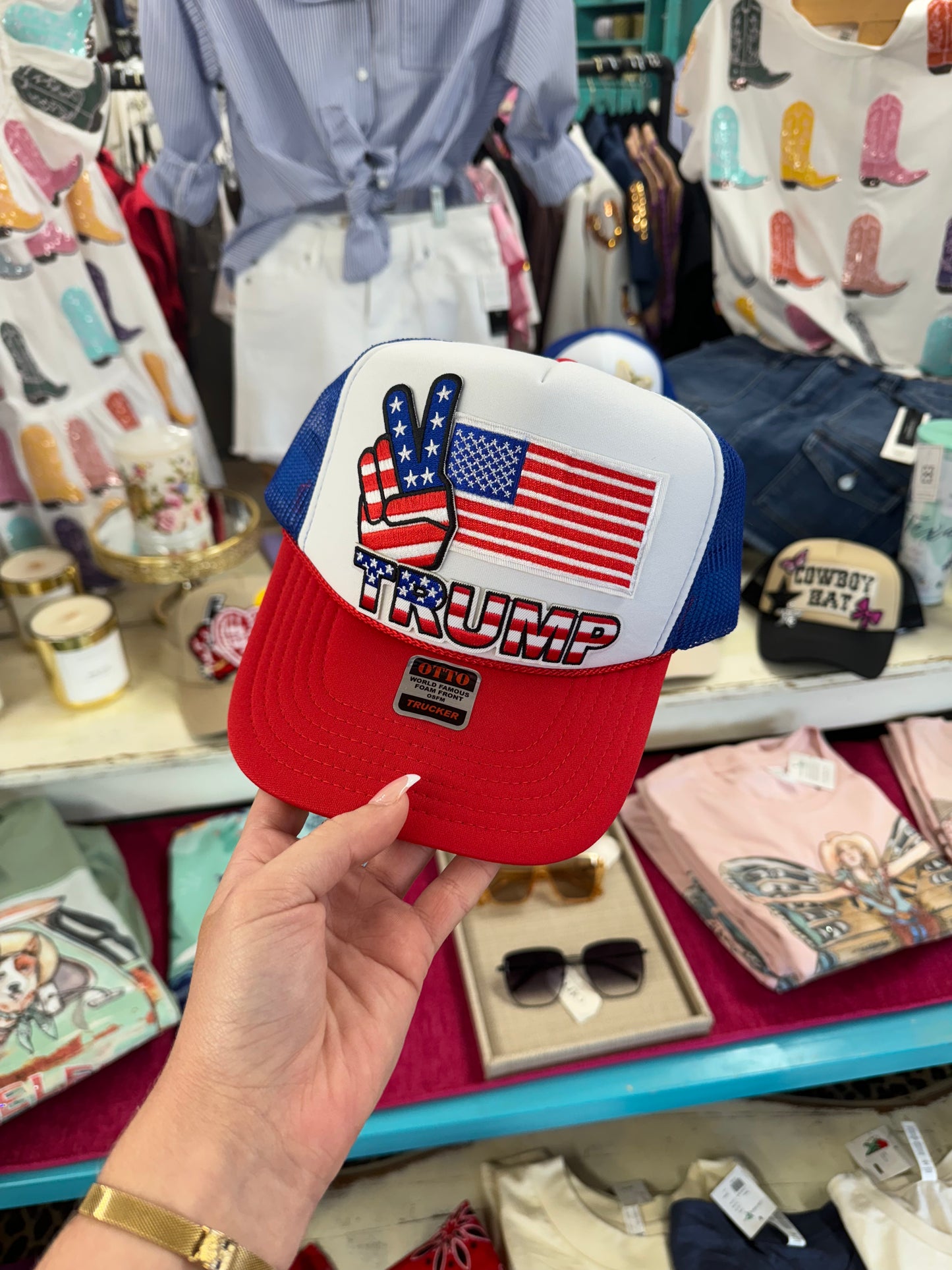 Trump with Flag Peace Sign Cap