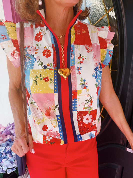 Red & Blue Patchwork Zip Neck Top