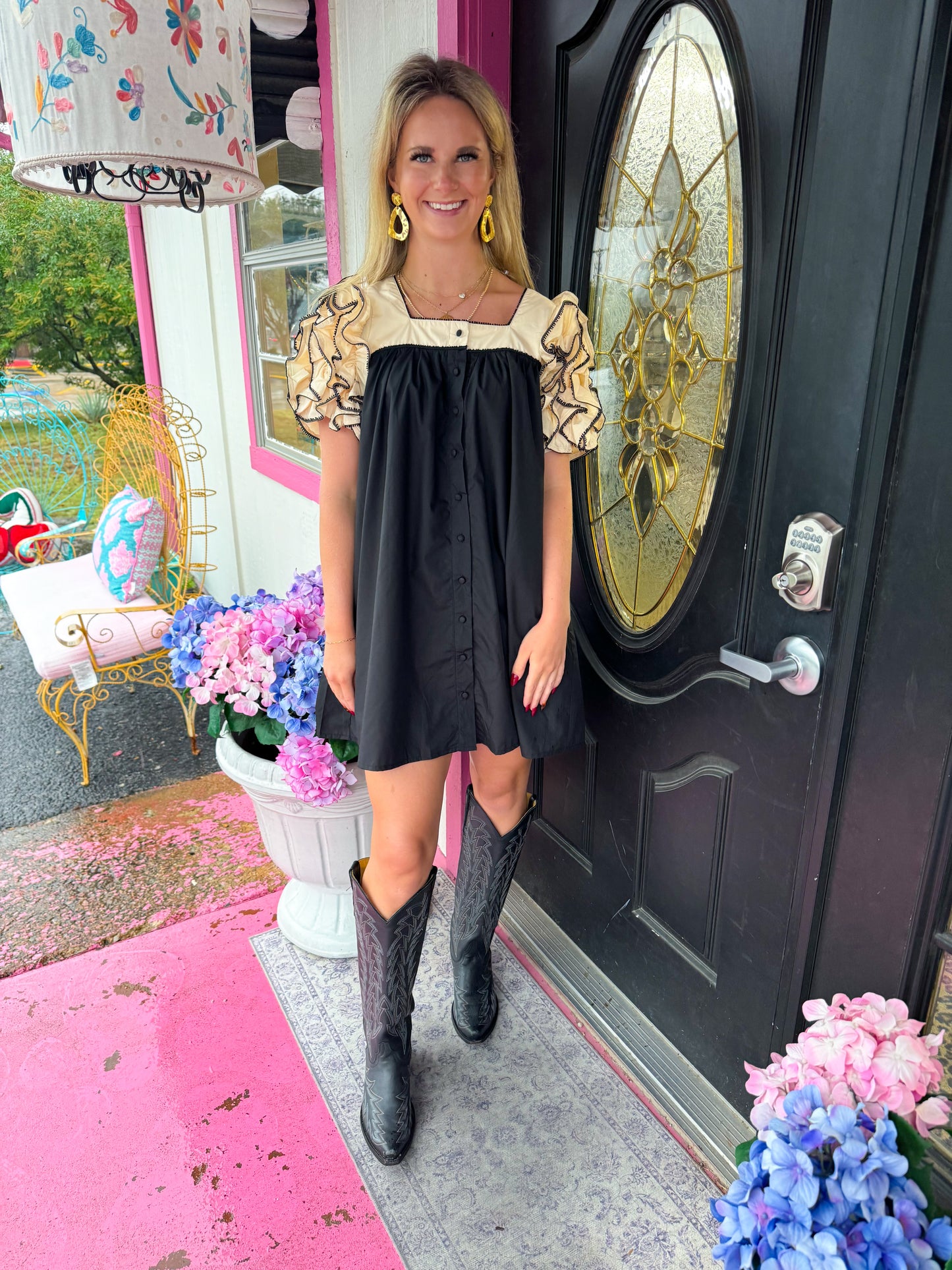 Black Cream Ruffle Sleeve Dress