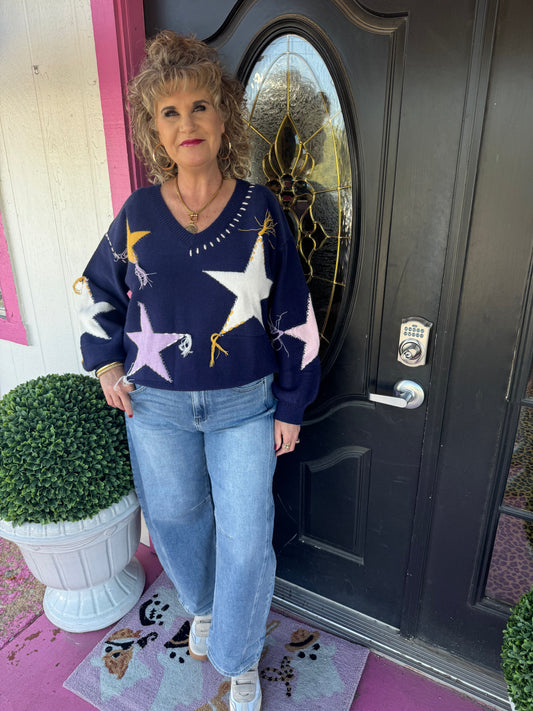 Navy Fringe Star Sweater