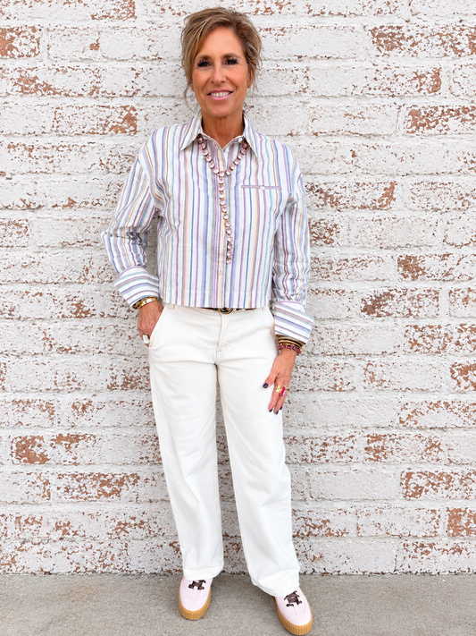 Pastel Stripe LS Crop Button Up