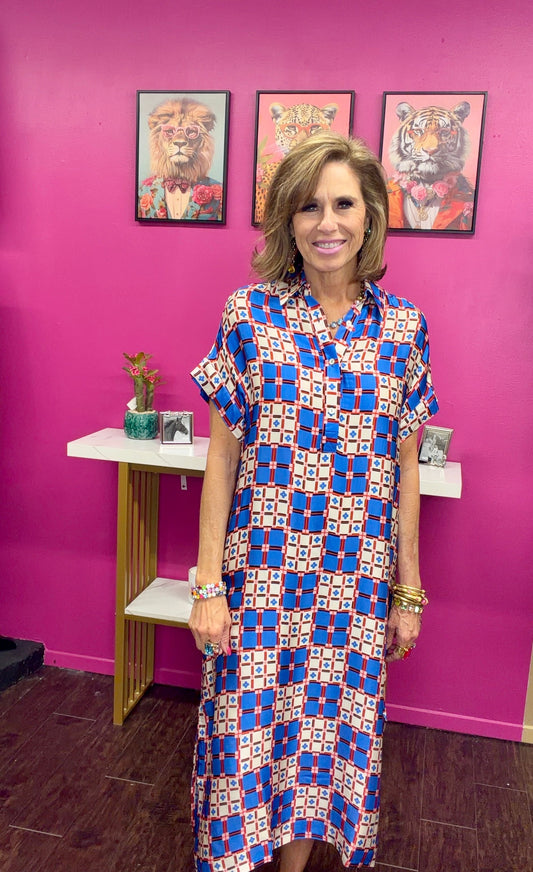 Royal Blue Check Button Maxi Dress