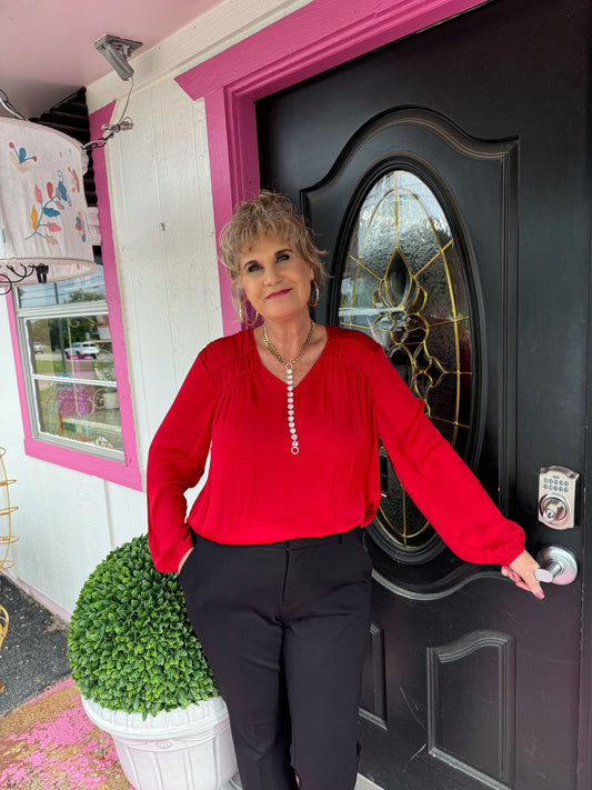 Red L/S V-Neck Tie Blouse