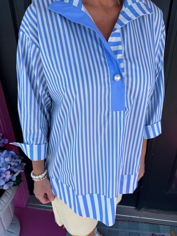 Blue & White Stripe 3/4 Slv Blouse
