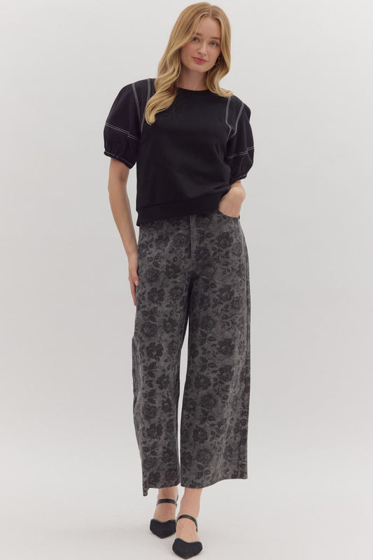 Charcoal Black Floral Wide Leg