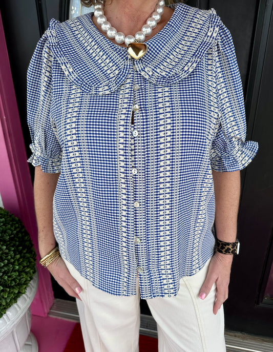Blue Puff Sleeve Gingham Top