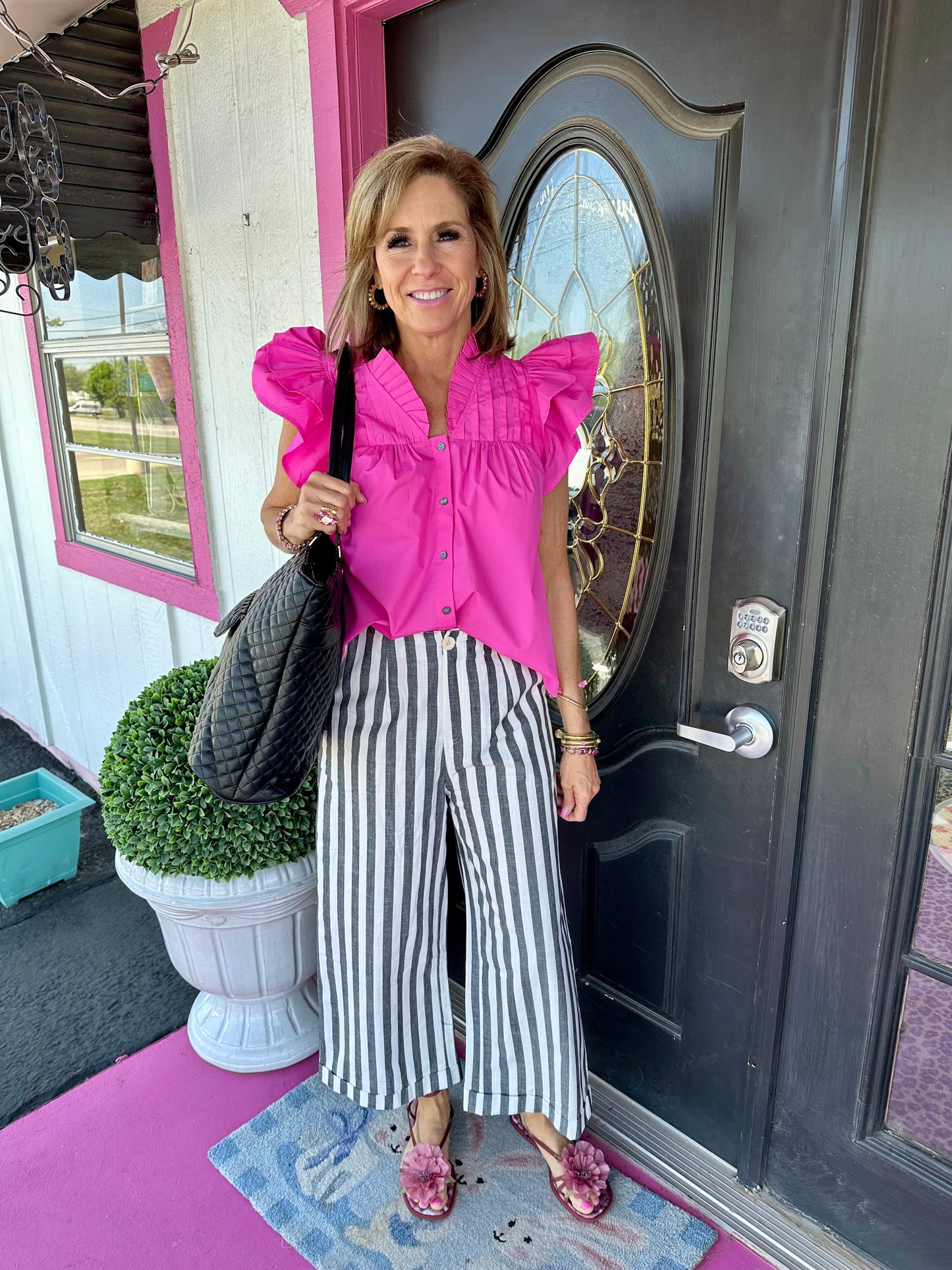 Hot Pink Button Ruffle Sleeve Top