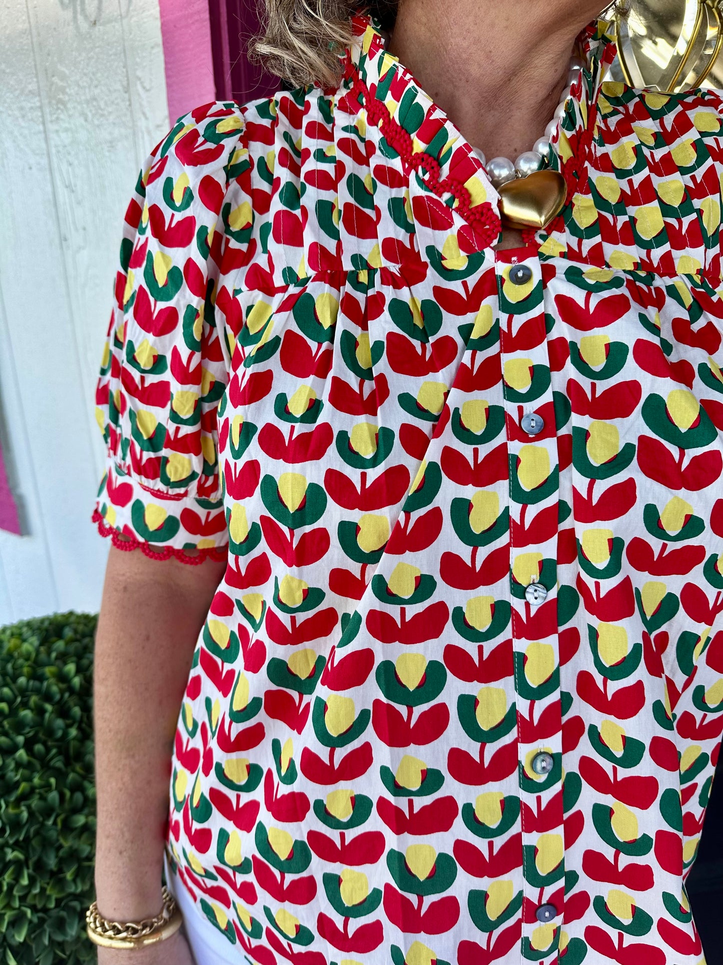 Red V-Neck Floral Detail Trim Top
