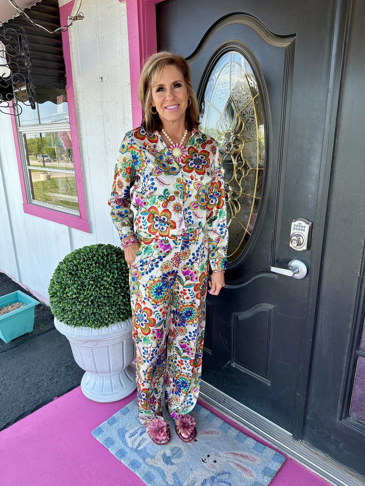 Floral Print Satin Wide Leg Set