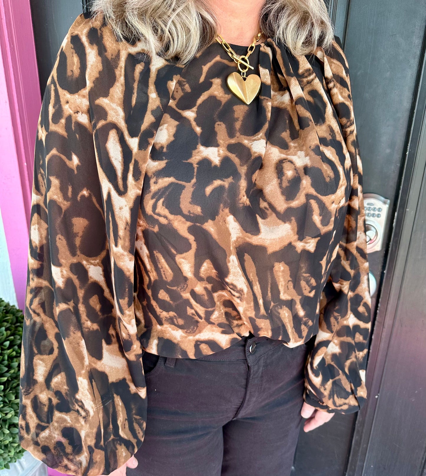 Leopard Print Pleat Neck Top
