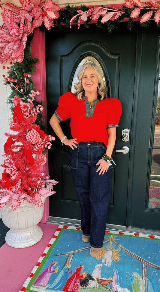 Red SS Green Plaid Trim Top