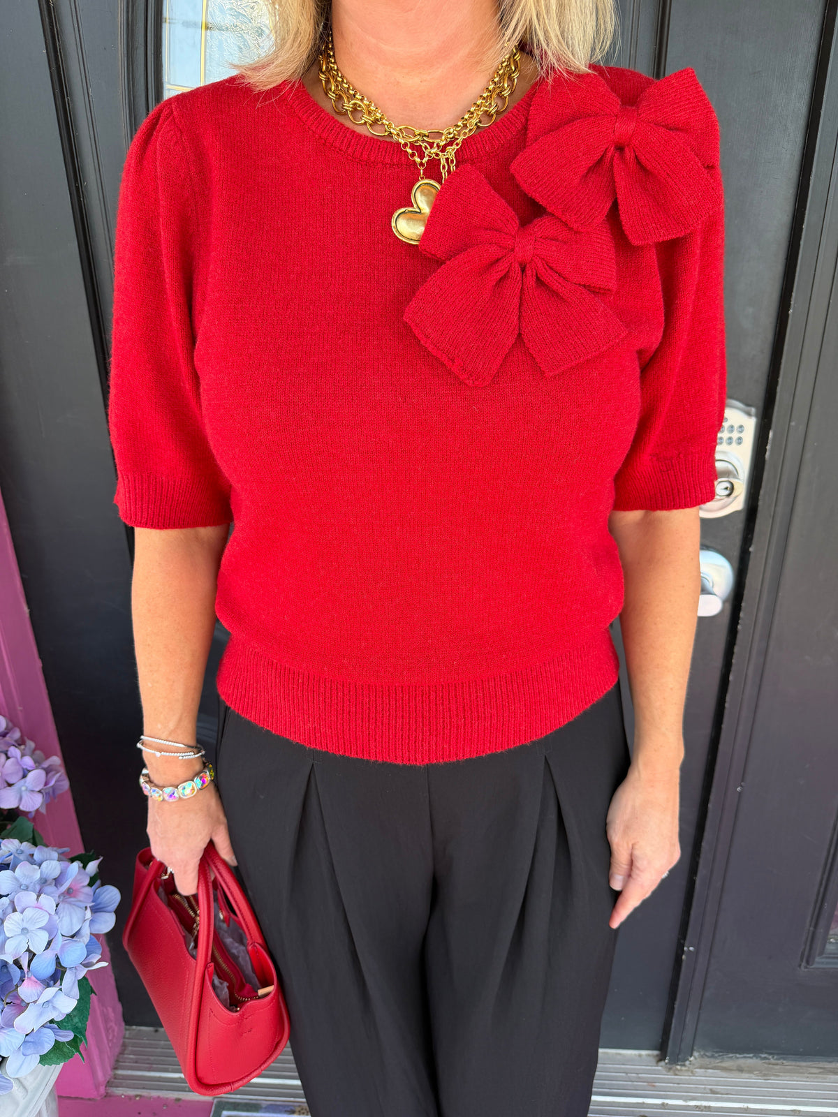 Red SS Sweater w/2 Bows